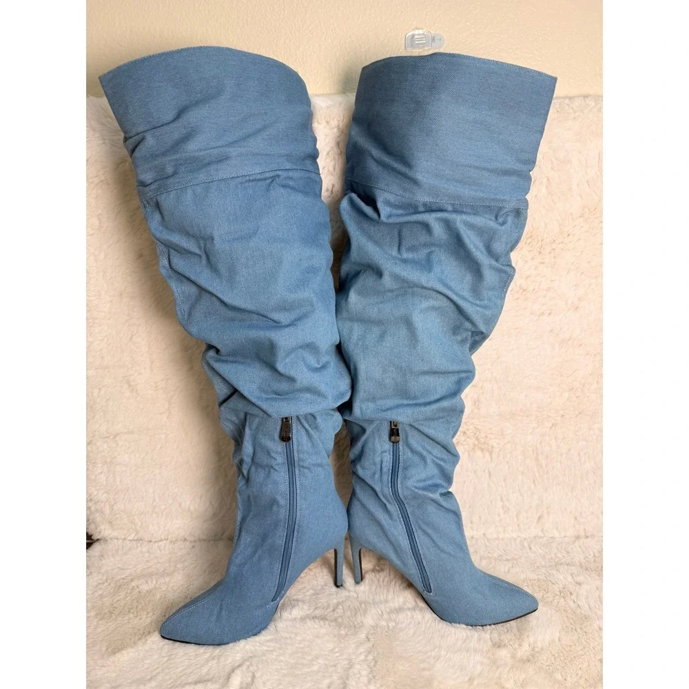 Cape Robbin Kitana-2 Blue Denim Over The Knee Slouchy Stiletto Boots Womens 8